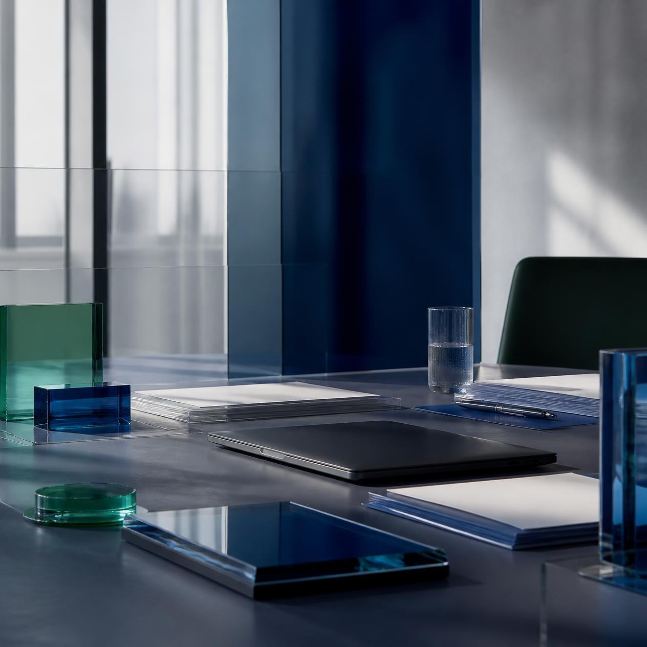 Editorial workspace composition with organised papers, a closed laptop and blue and green glass accents.